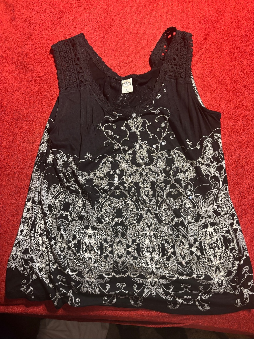 Bila Black Tank Top with White Ornate Print and Lace Straps size Large